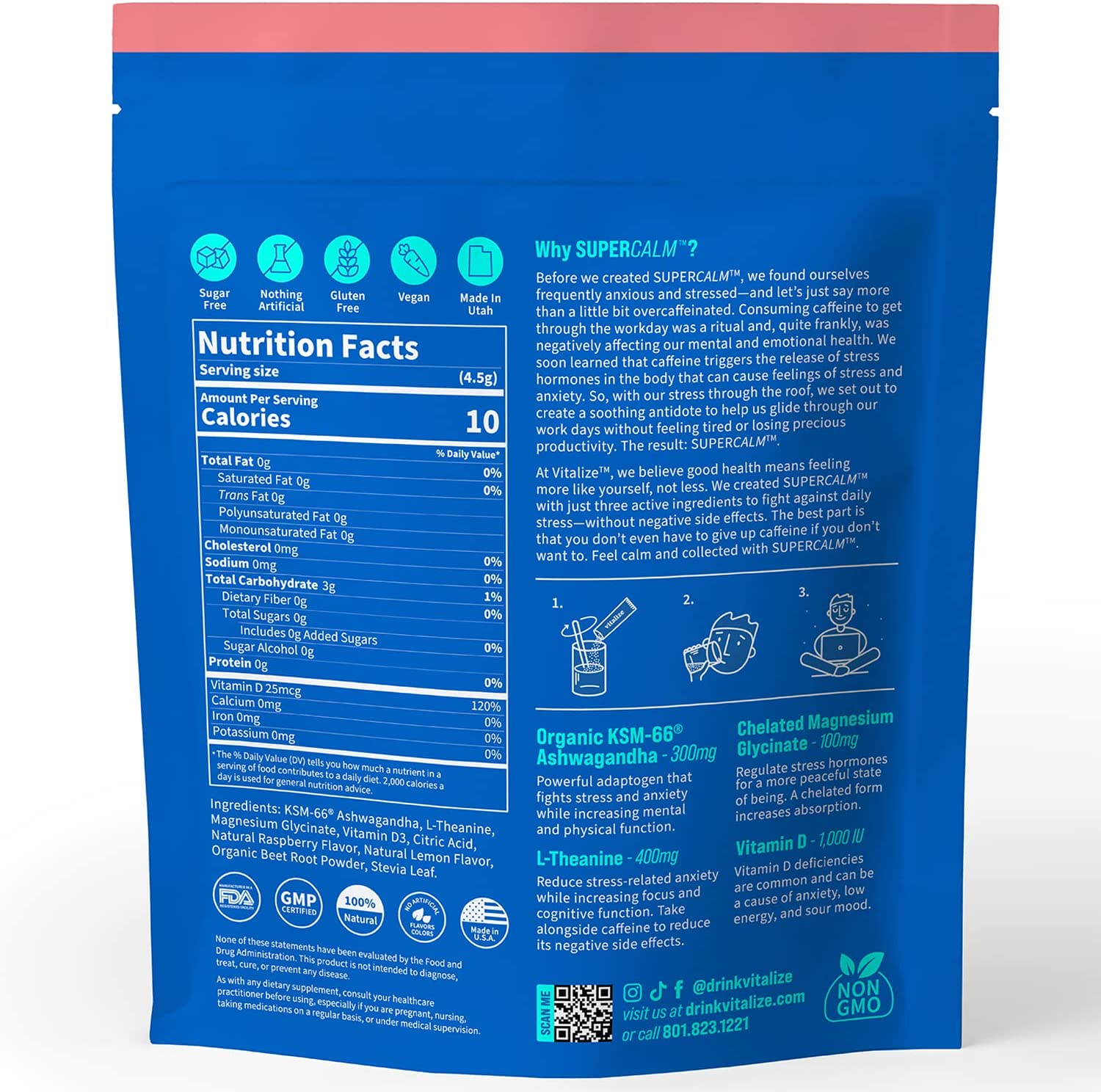 VITALIZE SuperCalm - Feel Calm, Cool, and Collected | Drink Mix | Contains KSM-66 Ashwagandha, L-Theanine, Magnesium Glycinate, and Vitamin D3 | Raspberry Lemonade, 0.15 Ounce (Pack of 20) - Image 9